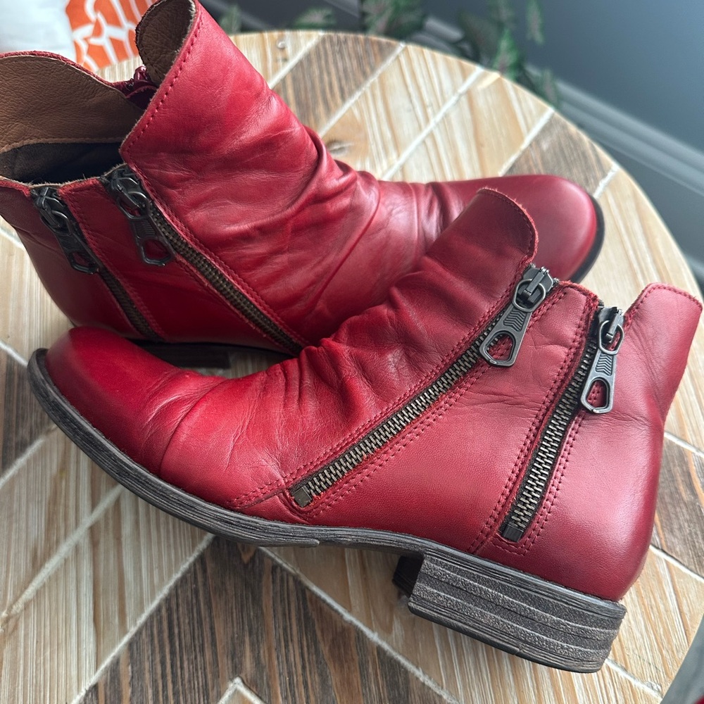 Miz Mooz Logic Red Leather Double Zipper Ankle Boots
